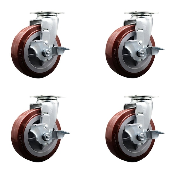 Tool Box Caster Wheel Set 6'' Maroon Polyurethane Swivel Casters, 4PK